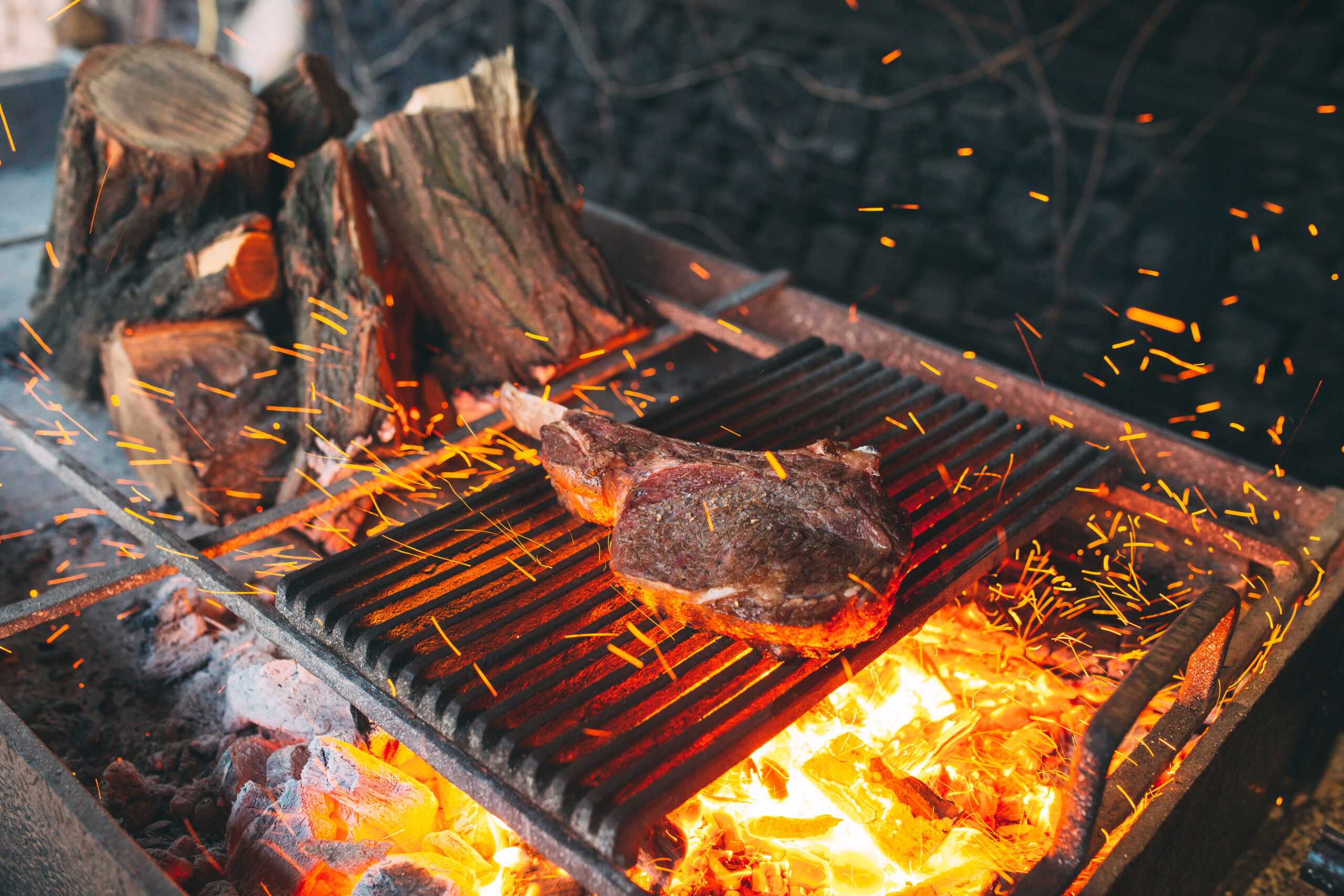 Beef steak is cooked on fire. Beef Rib BBQ