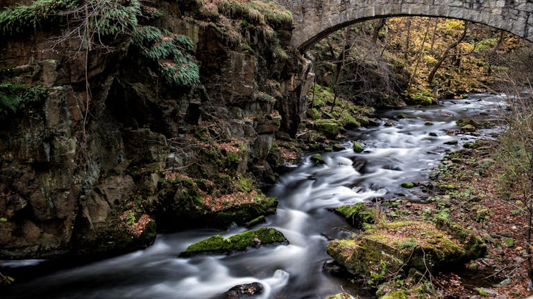Tranquil creek flowing under a stone bridge in autumn, surrounded by vibrant foliage.