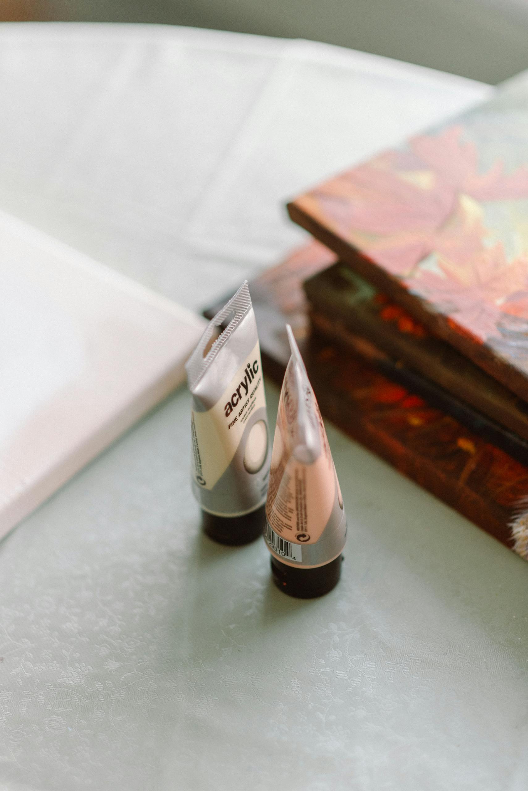 Acrylic paints and a blank canvas in a sunlit creative studio setting.